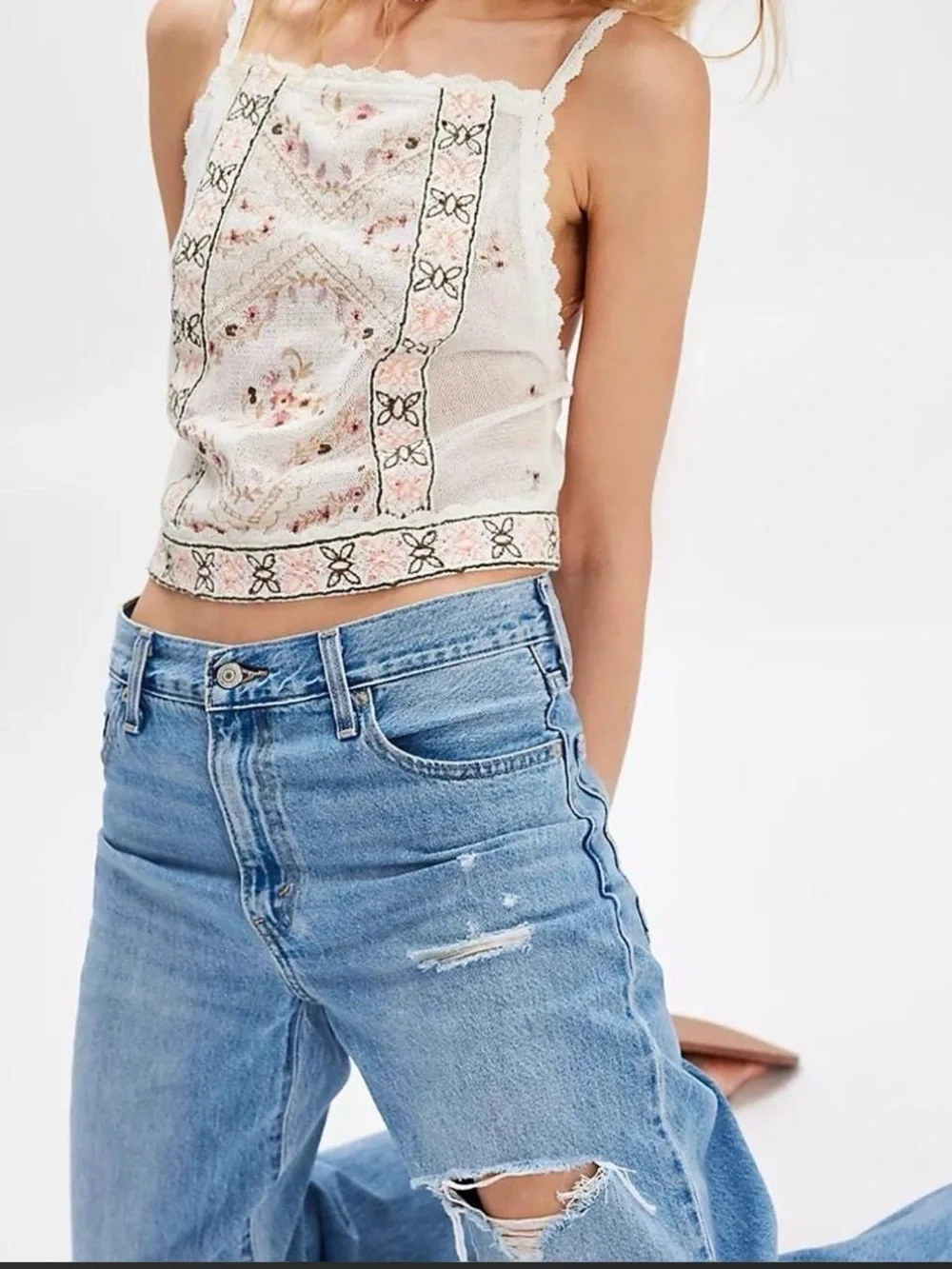 Free People White Floral Embroidered Crochet Tank